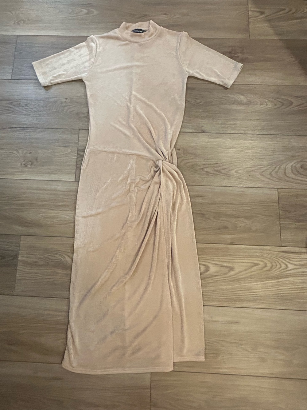 PrettyLittleThing Nude Taupe Ruched Side Tie Midi Dress US 6 UK 10